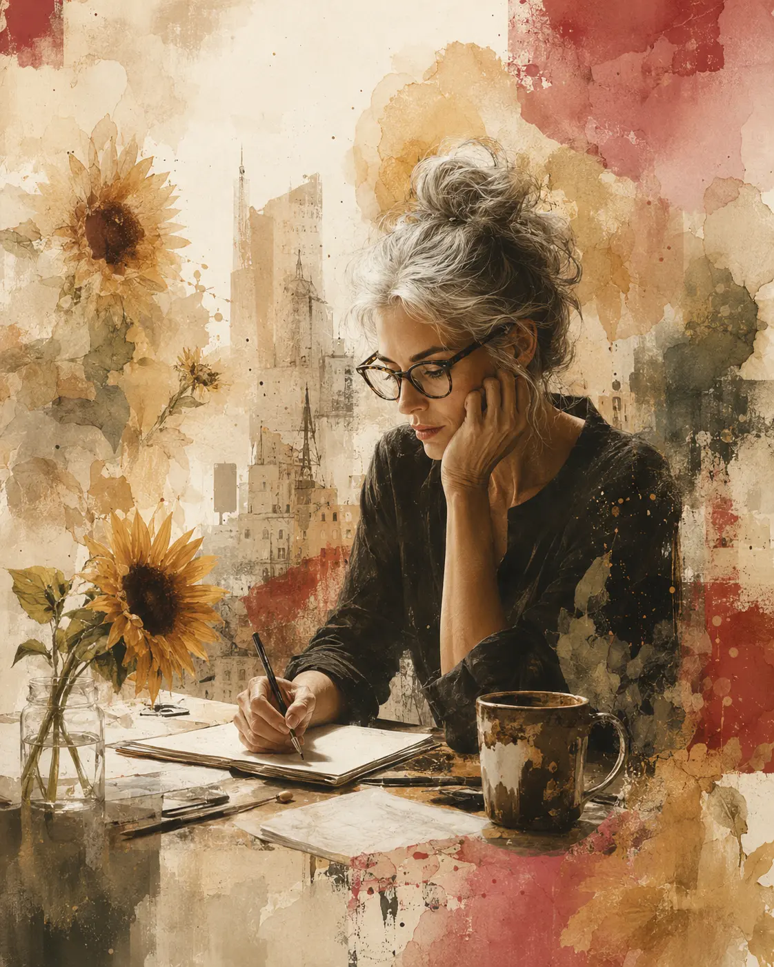 Frau ab 40 am Tisch beim Schreiben, Sonnenblume und Kaffee – Alltag zwischen Beruf und Verantwortung